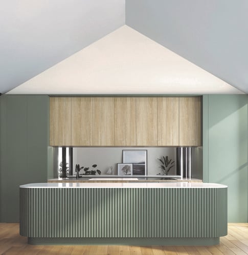 A green themed kitchen area with dowel accent panelling on the kitchen island
