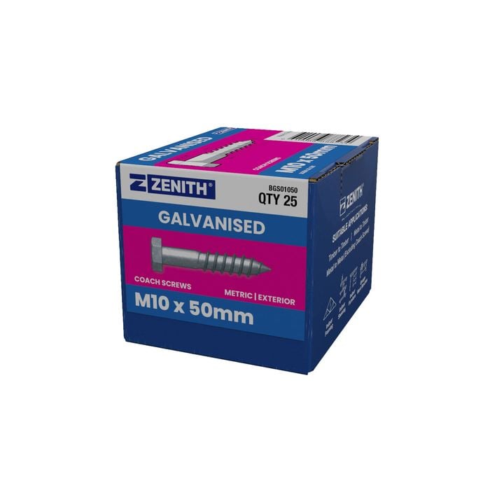 ZENITH M10 x 50mm Hot Dip Galvanised Hex Head Coach Screws - 25 Pack