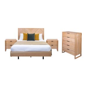 Jindy 4pc Set Queen Bed Frame Bedside Table Tallboy Natural Oak