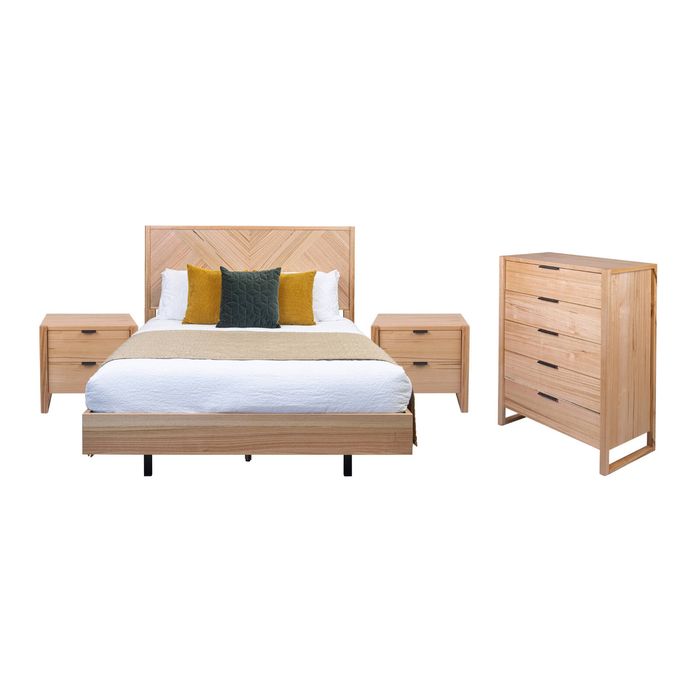 Jindy 4pc Set Queen Bed Frame Bedside Table Tallboy Natural Oak