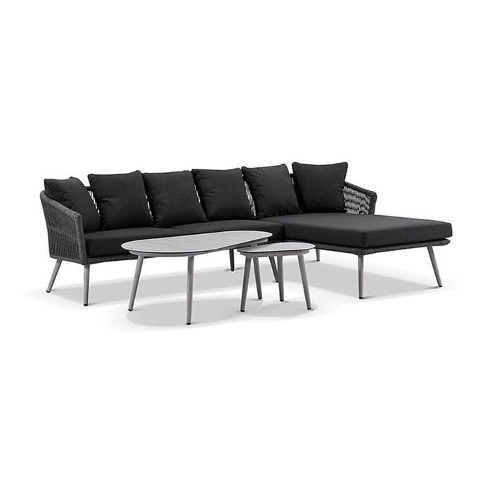 Herman Outdoor Rope Chaise Lounge Set Carbon Grey With Coffee Table & Denim Cushions