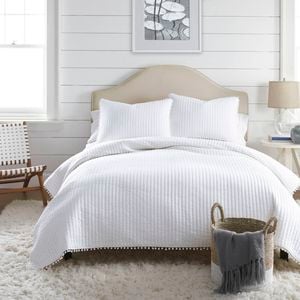 Clavo Pom Pom Coverlet Set Super King, Front/Back: 100% cotton, Prewashed. Filling 250GSM Cotton - White