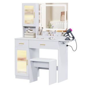 Advwin Dressing Table with LED Mirror,RGB Cabinet, Charging Station & Foldable Countertop,White