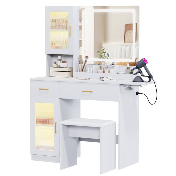 Advwin Dressing Table with LED Mirror,RGB Cabinet, Charging Station & Foldable Countertop,White