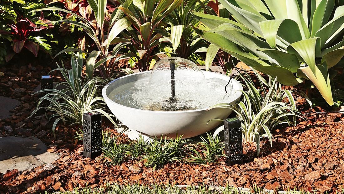 A small water fountain in a round basin surrounded by various plants and mulch in a garden setting.   