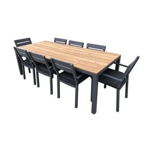 Tuscany 8 Seater Teak Top Aluminium Dining Setting Charcoal With Santorini Chairs & Denim Grey Cushions