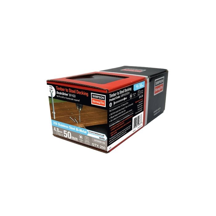 Simpson Strong-Tie 4.8 x 50mm 10g Hardwood Timber To Steel 316 Stainless Steel BFHS Bi-Metal Decking Screws - 250 Box
