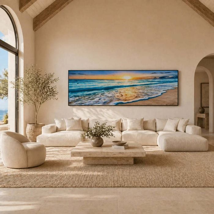 Serene Tide - Panoramic Sunset Beach Wall Print (50x150cm) - Framed