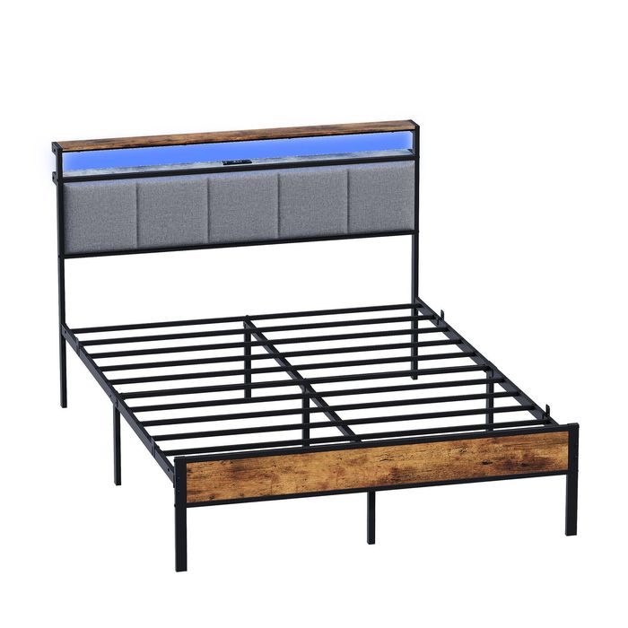 Ufurniture Double Bed Frame with LED Lights and Charging Station