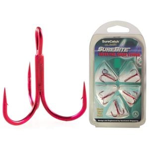 5 Pack of Surecatch Red Chemically Sharpened Treble Fishing Hooks [Size: 6]