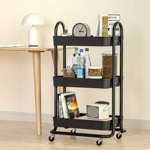 Homfurn 3-tier Storage Trolley – Kitchen Cart, Utility Shelf Organiser, Rolling Wheels With Locks, Steel Frame, Black