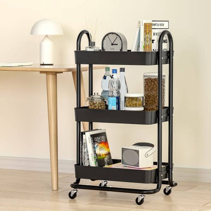 Homfurn 3-tier Storage Trolley – Kitchen Cart, Utility Shelf Organiser, Rolling Wheels With Locks, Steel Frame, Black