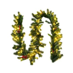 Costway 2.7M Christmas Pine Garland w/100 LED Lights Red Berries Decoration Wreath Rattan