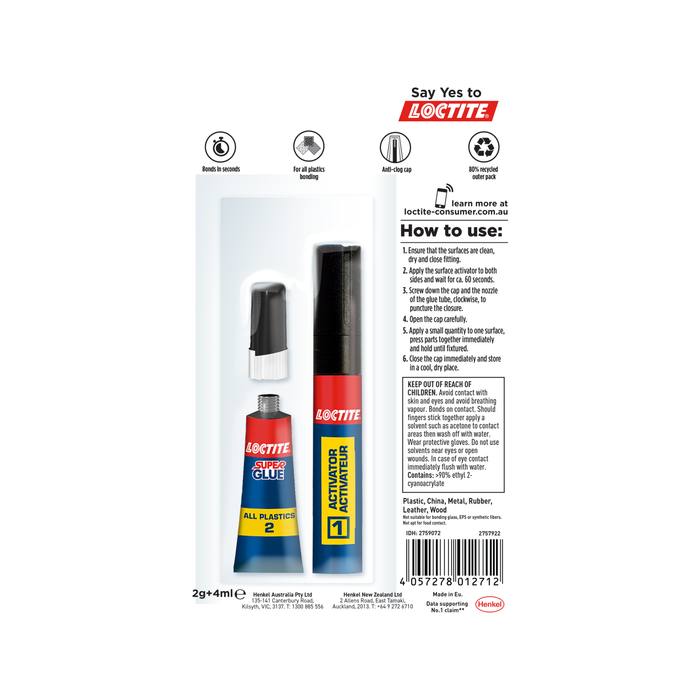 Loctite 2g And 4ml 2 Part All Plastic Superglue