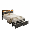 Maxhomm Double Bed Frame With Led Headboard, Charging Station, 2 Storage Drawers, Grey Upholstered