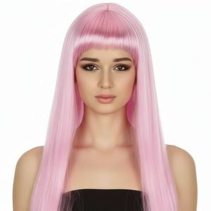 Long Wig Straight Party Hair Costume Fringe Cosplay Fancy Dress 70cm Wos Light Pink 22454