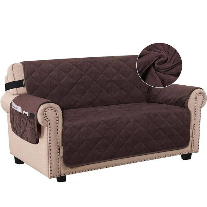 Smarcute 2 Seater Velvet Sofa Couch Cushion Cover With Non-slip Elastic Straps Brown