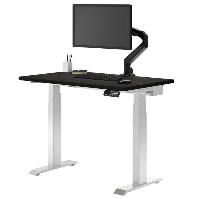 Desky Dual Mini Dark Bamboo Sit To Stand Desk 1000x600mm White Frame