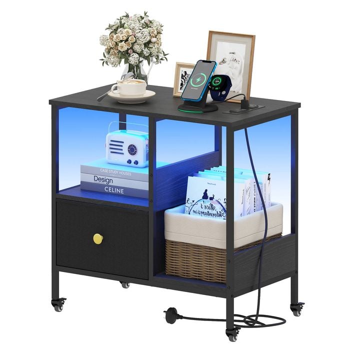 Ufurniture Mobile Side Table with Reversible Drawer & Charging Station Rolling End Table with Locking Wheels & Adjustable Feet