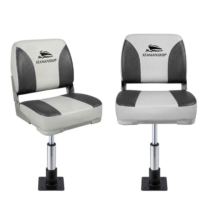 Seamanship 2X Folding Boat Seats with 2X Pedestals 34–46cm Marine Swivel 13cm Padding Charcoal