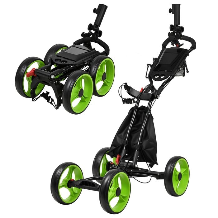Advwin Golf Push Cart, Foldable 4-Wheel Golf Cart with Adjustable Handle, Umbrella Holder & Mobile phone holder