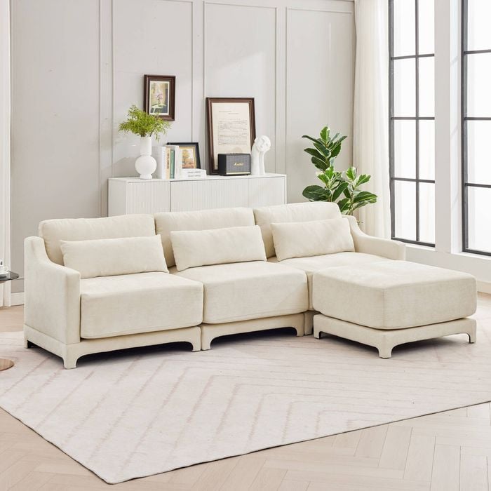 HOMFURN 271cm Modular Sectional Sofa, Chenille Cloud Couch with Ottoman, Sectional Couch with Throw Pillows for Living Room