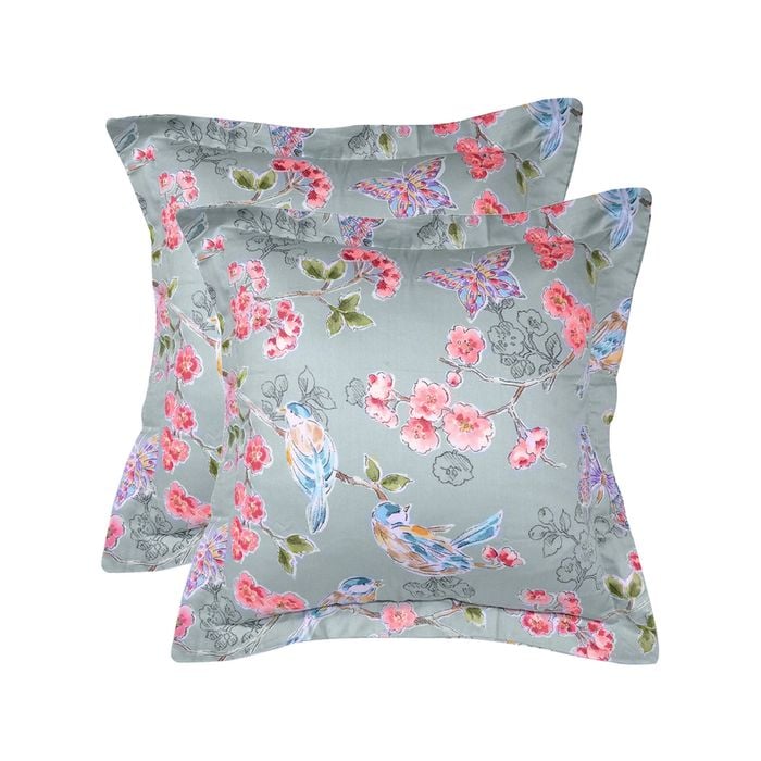 CottonMore 2pce of 100% Cotton 500TC Sateen Square Cushion Covers Floral Pink