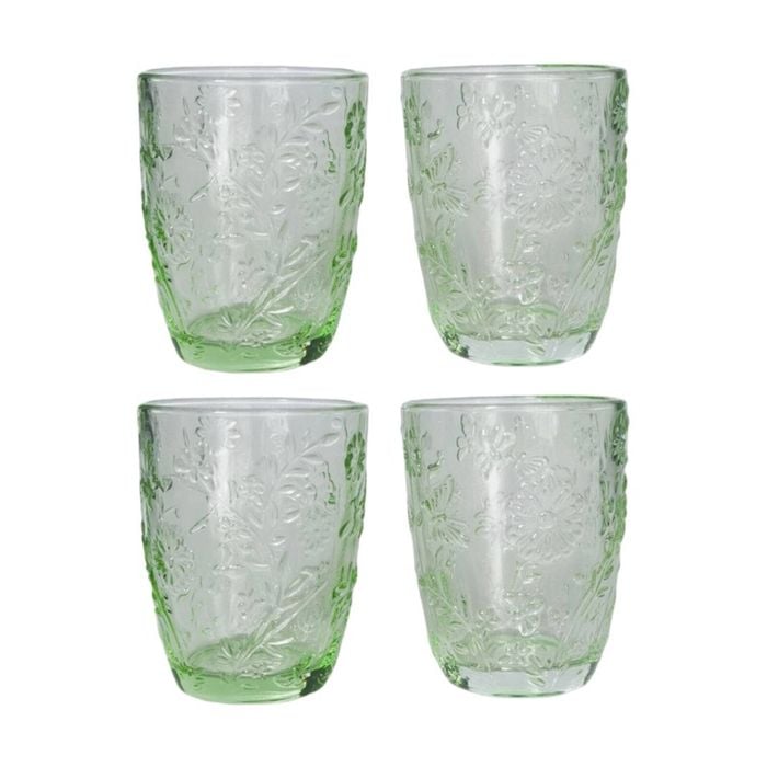 2x 2pc Urban Products Mari Green Floral Embossed Glass Tumbler Set 10cm