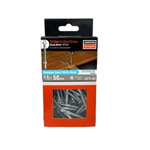 Simpson Strong-Tie 4.8 x 50mm 10G 316 Stainless Steel BFHS Bi-Metal Hardwood Timber To Steel  Decking Screws - 40 Pack