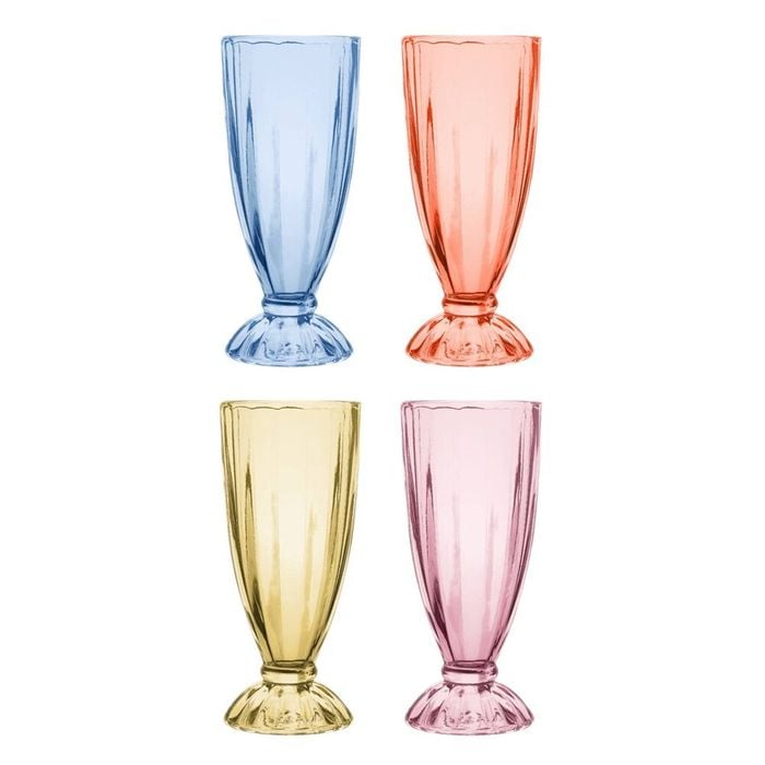 4pc Porto Soda Lime Glass Dessert Milkshake Cups 340ml Citron, Ruby, Sky, Rose