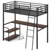 Costway Single Loft Bed Frame Desk Charging Station Guard Rails Brown