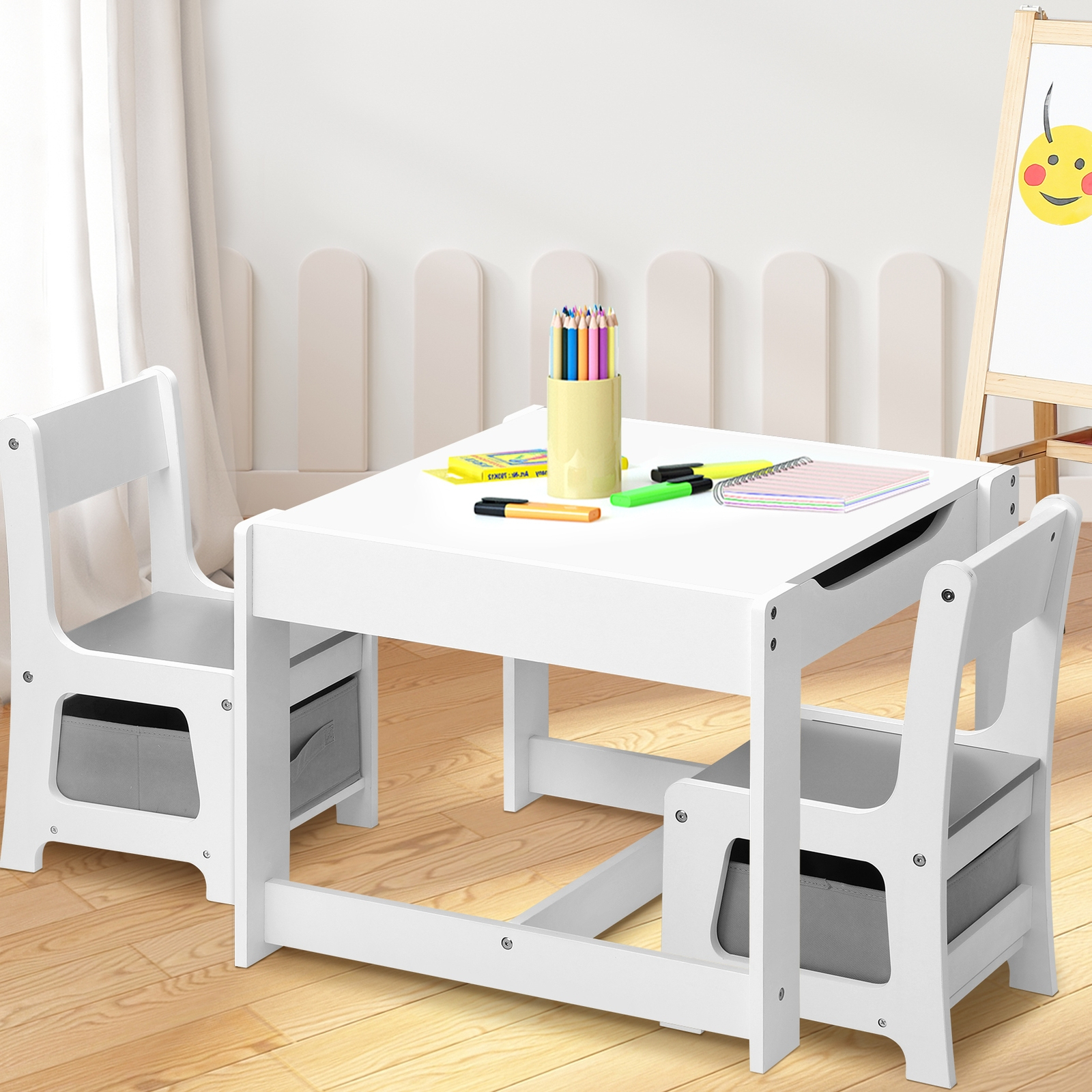 Oikiture Kids Table and Chairs Set Chalkboard Storage Grey Bunnings Australia