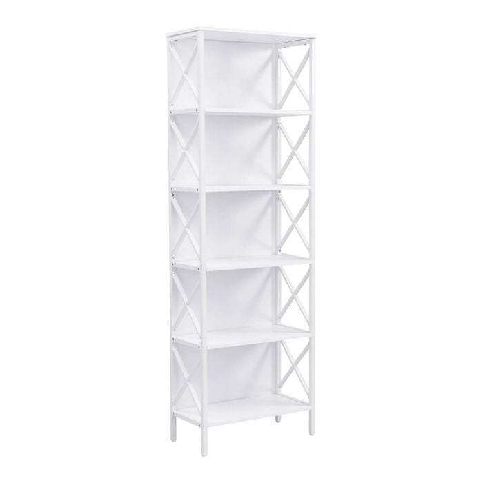 Maxhomm 180cm 6-tier Bookshelf, Industrial Tall Bookcase With Metal Side Panels & X-frame, White