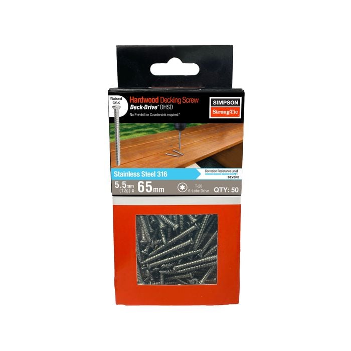 Simpson Strong-Tie 12g x 65mm 316SS Decking Screws SSDHSD - 50 Pack