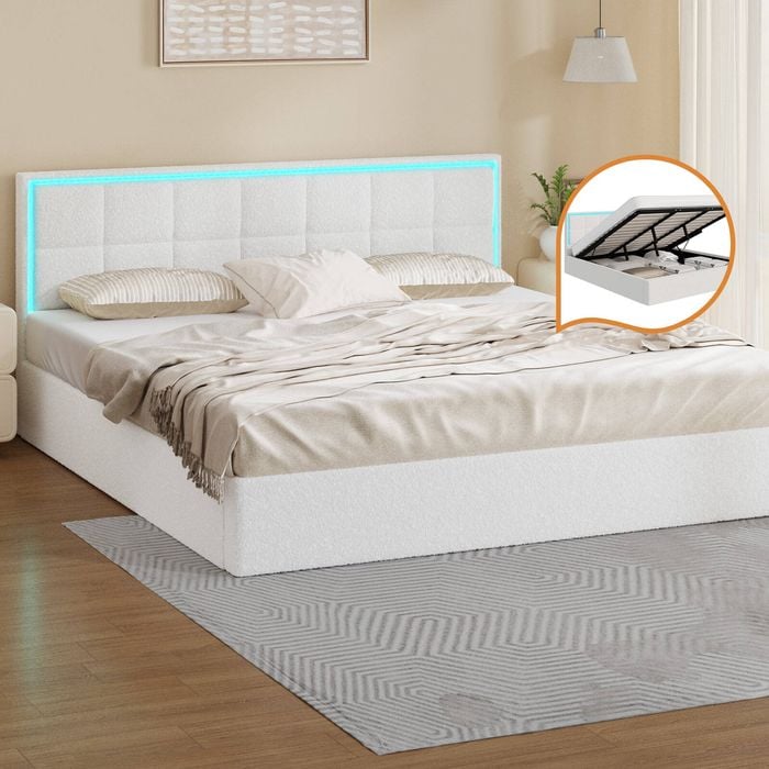 Oikiture Bed Frame Beds Base Gas Lift LED King