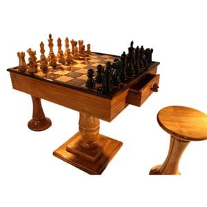 Teak Chess Package Including Table, Stools And Pieces