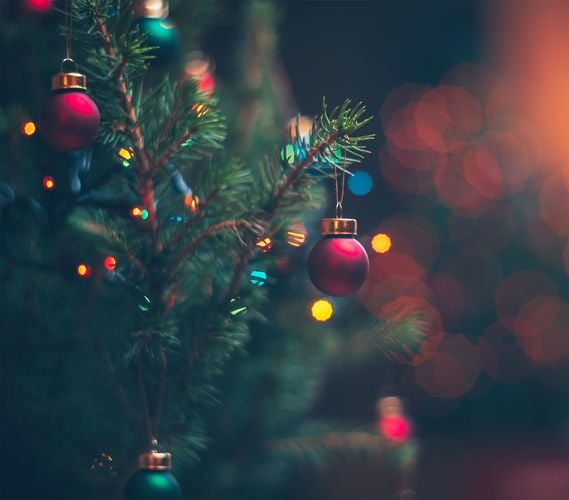 Christmas tree with baubles and fairy lights