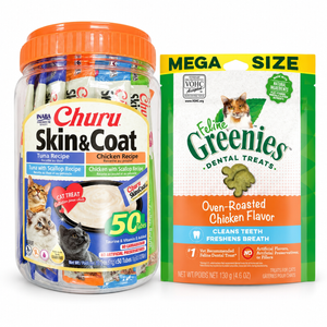 Inaba Churu Skin & Coat 50 Tubes + GREENIES Chicken 130g | Cat Treat Variety Pack