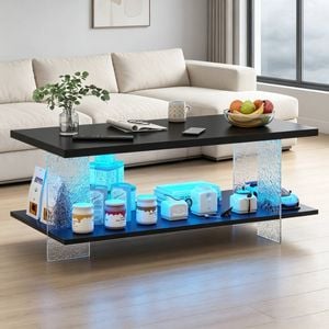 Ufurniture LED Coffee Table, 2-Tier Side Tea Table with Water Ripple Acrylic Panel Support, Modern Center Table Black