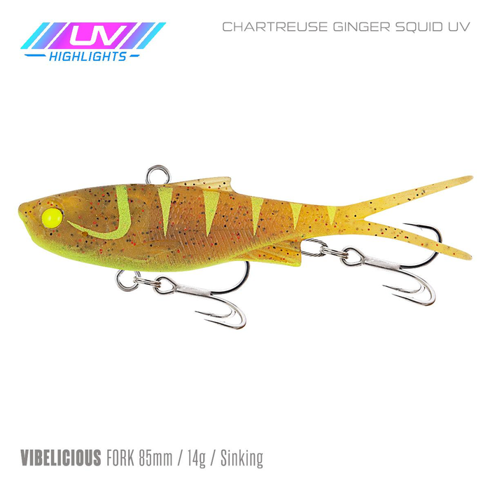 Samaki Vibelicious Fork Tail Vibe 85mm Soft Plastic Fishing Lure Chartreuse Ginger Squid UV