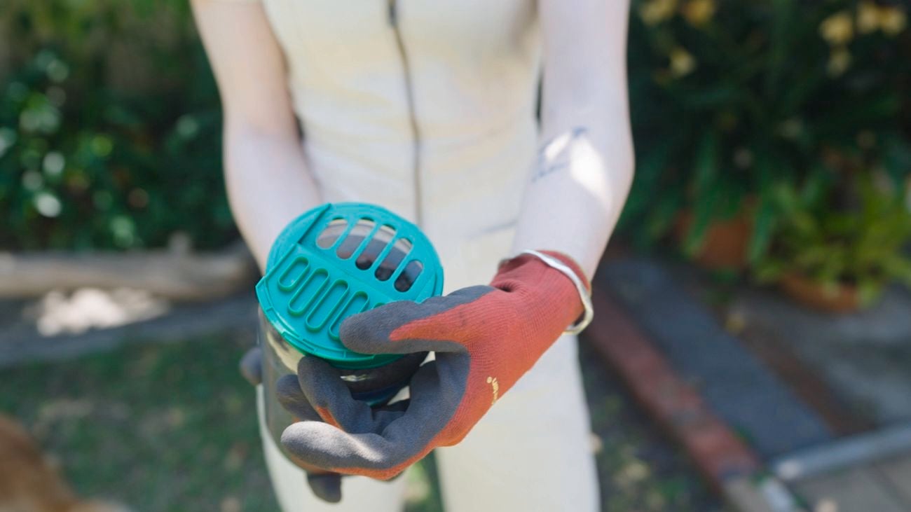 Person with gardening gloves holding Yates Lawn Shaker with lid open