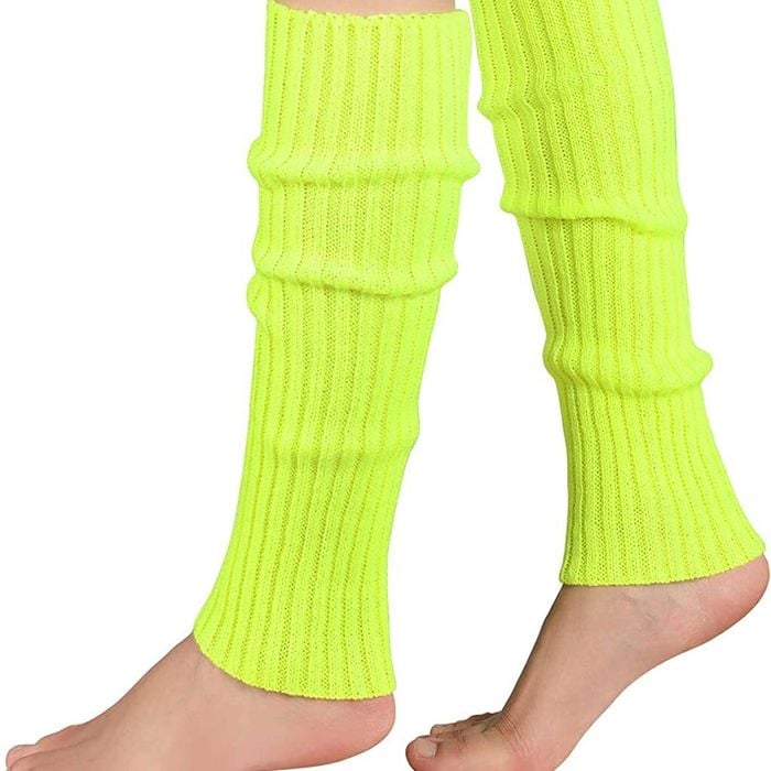 Pair of Wos Leg Warmers Disco Winter Knit Dance Party Crochet Legging Socks Costume Fluro Yellow