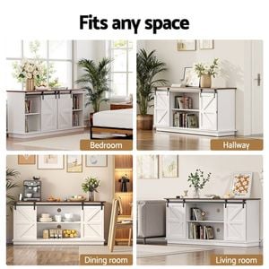 Homfurn 150cm Buffet Sideboard – Sliding Barn Doors, 2-tier Shelves, Cable Management, White & Walnut