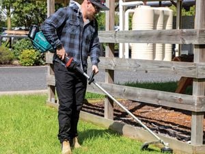 Person using a Makita cordless string trimmer to cut grass along a wooden fence, wearing a plaid shirt, black pants, tan boots, and a black cap, with water tanks and greenery in the background.