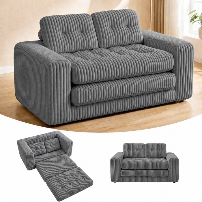 Advwin Folding Sofa Bed 2 in 1 Convertible Floor Loveseat Sofa Fold Out Corduroy Sleeper Couch w/ 2 Pillows Grey