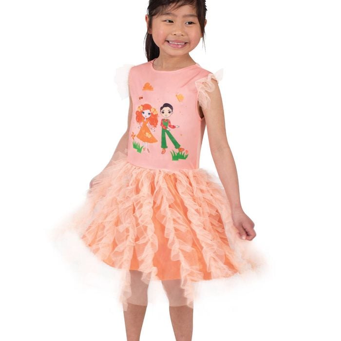 Emma Memma Deluxe Tutu Dress for Girls with Tulle Skirt and Butterfly Headband - Peach Colour, 3-5 Years