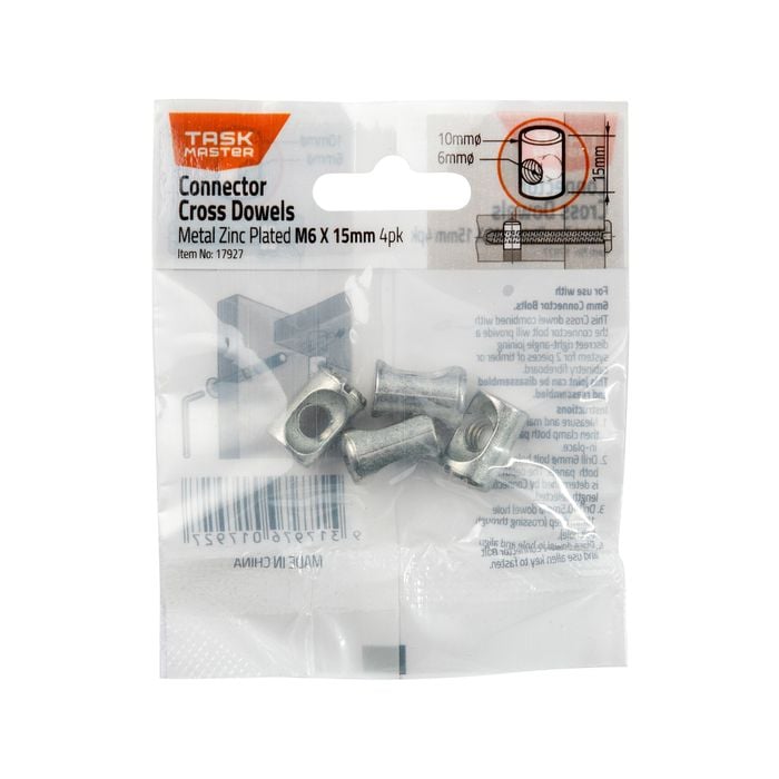 Taskmaster M6 x 15mm Zinc Plated Connector Cross Dowels - 4 Pack