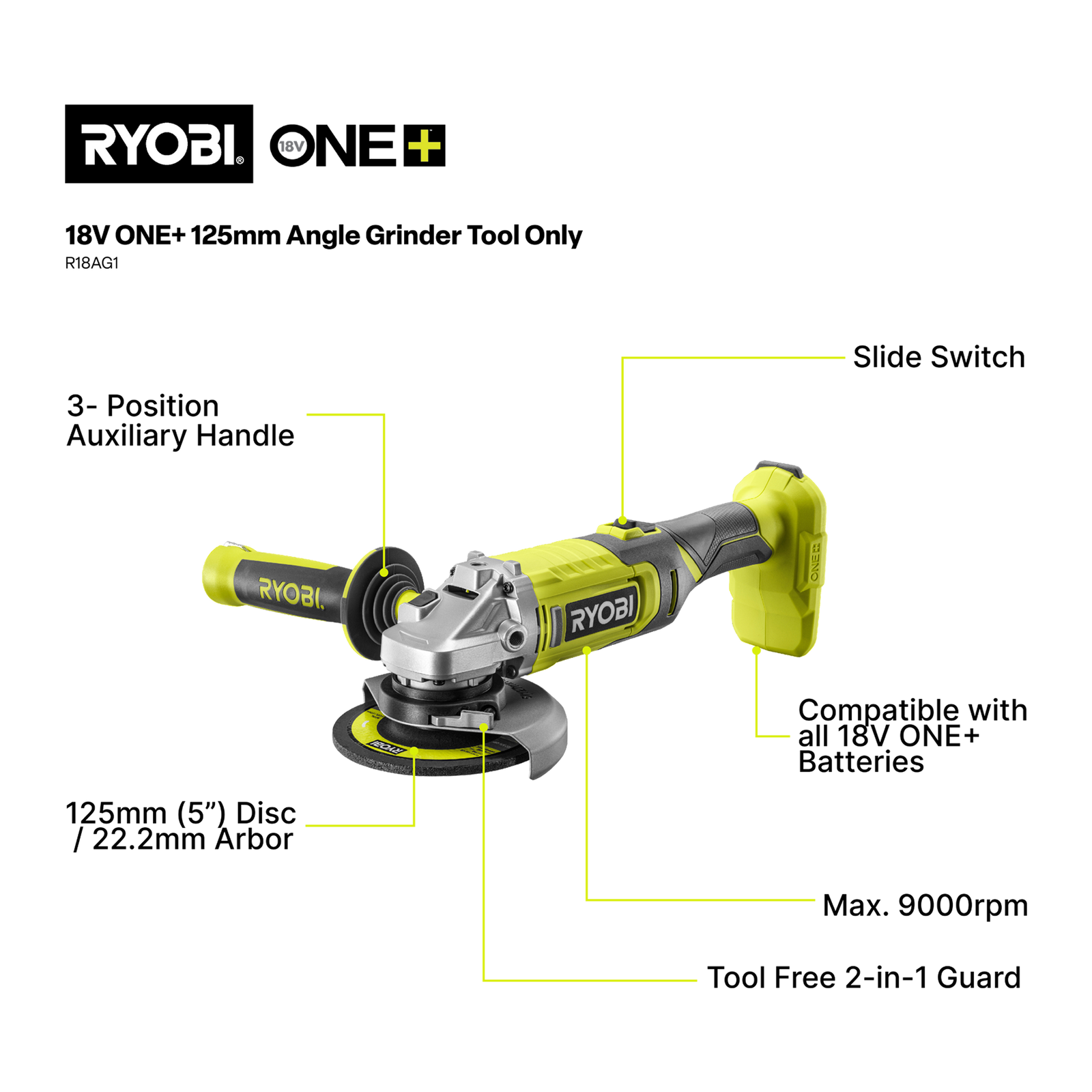 Ryobi 18V ONE+ 125mm Angle Grinder Tool Only Bunnings New Zealand