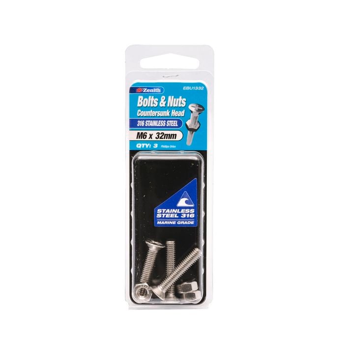 Zenith Bolt & Nut M 6x 32mm CSK Head SS316  3pk