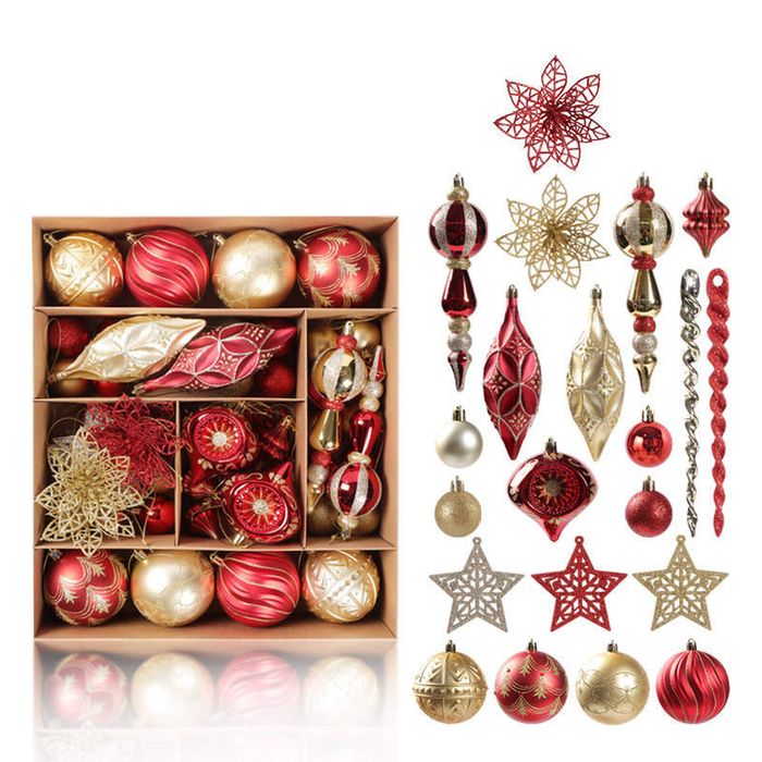 Catzon 70 Pcs Xmas Tree Ornaments Assorted Shapes-Red Gold